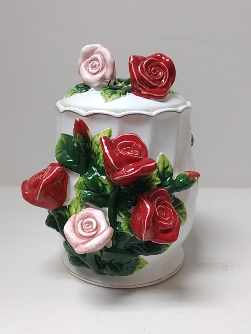 Vintage Ceramic 3-dimensional Rose Bouquet Canister - Red & Pink Floral Accent